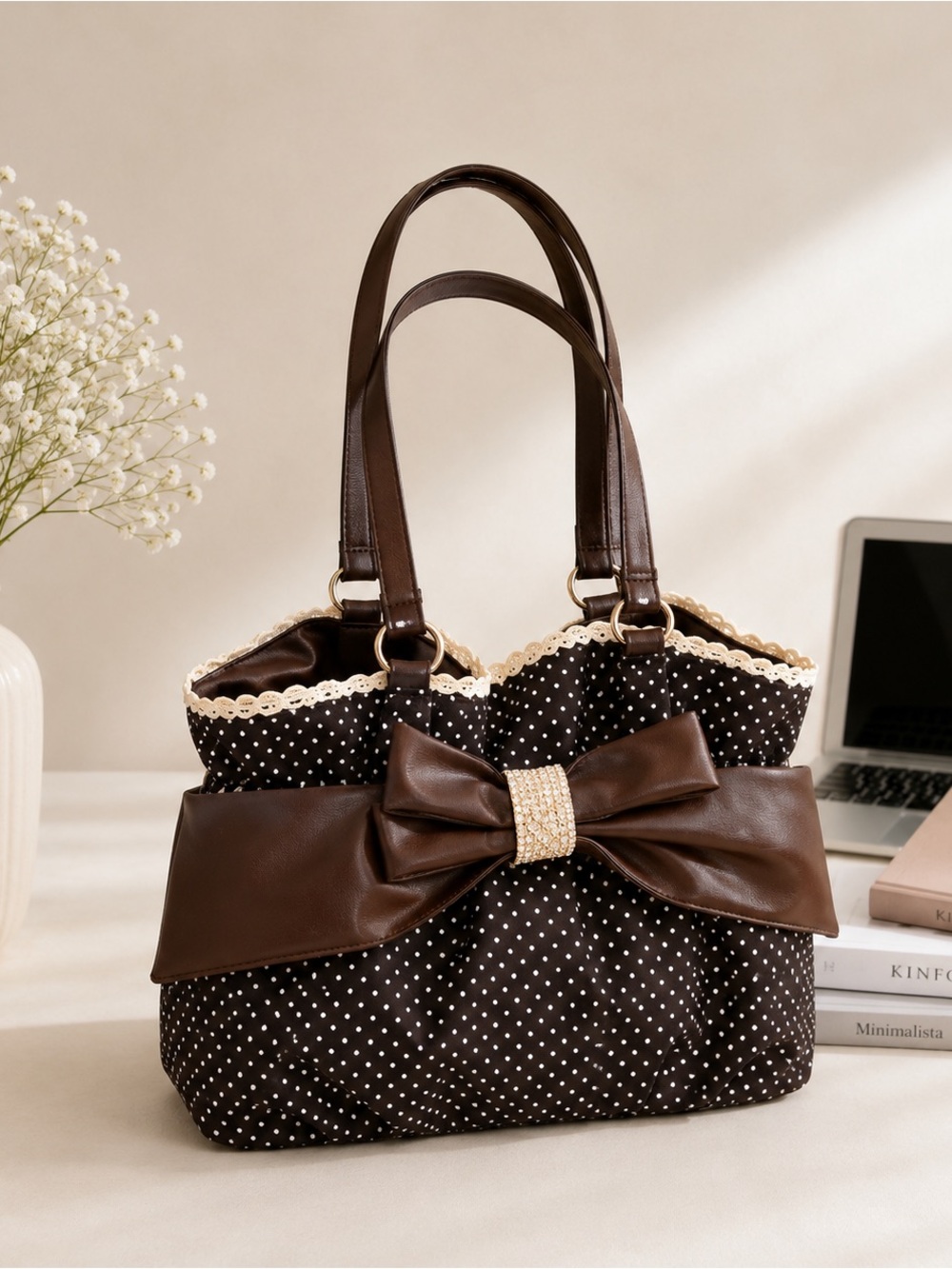 Women's Brown Polka Dot Bow Tote Bag